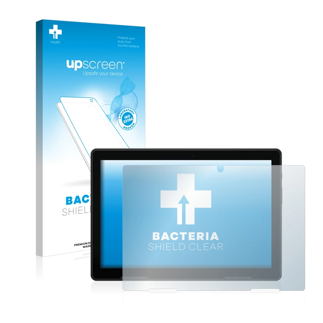 Parte frontal de un envase de producto con el logotipo de la marca upscreen. Al lado se muestra el dispositivo MEDION Lifetab