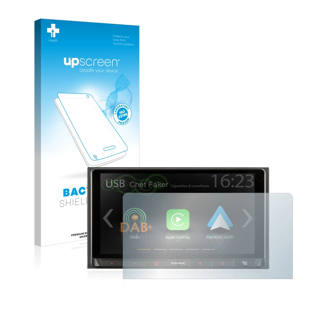 Parte frontal de un envase de producto con el logotipo de la marca upscreen. Al lado se muestra el dispositivo Zenec Z-N528 co