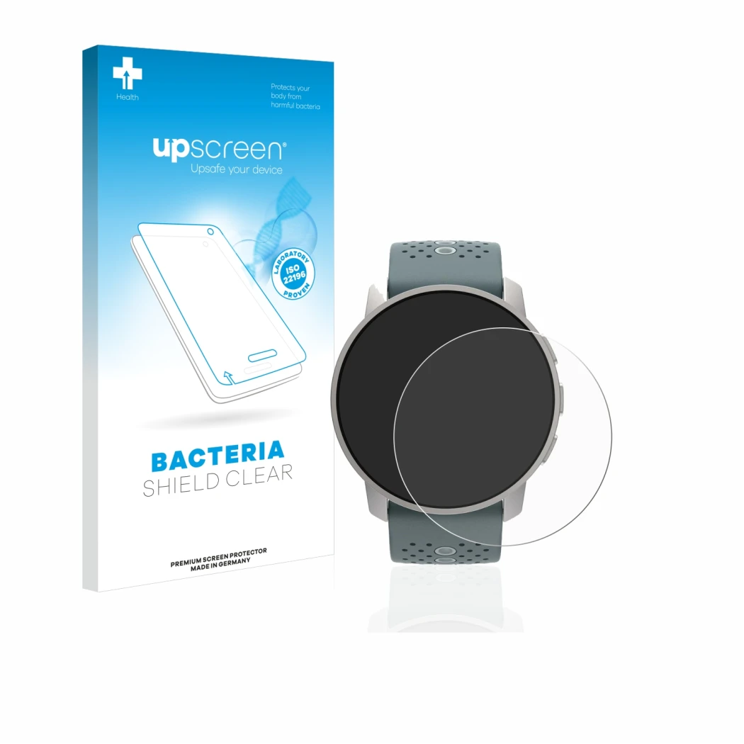 Parte frontal de un envase de producto con el logotipo de la marca upscreen. Al lado se muestra el dispositivo Suunto 9 Peak c