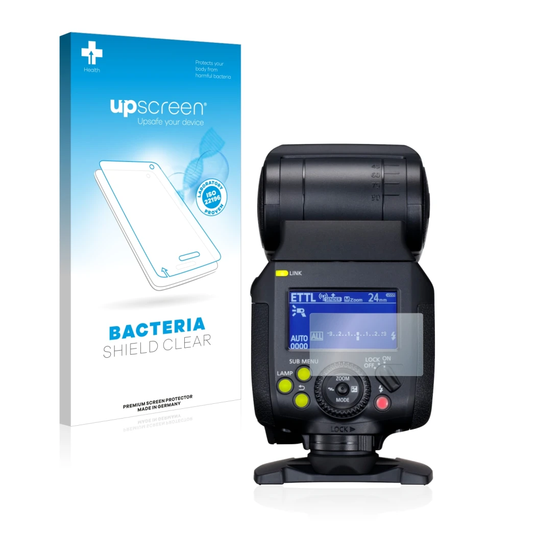 Parte frontal de un envase de producto con el logotipo de la marca upscreen. Al lado se muestra el dispositivo Canon Speedlite