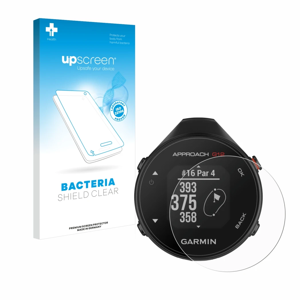 Parte frontal de un envase de producto con el logotipo de la marca upscreen. Al lado se muestra el dispositivo Garmin Approach