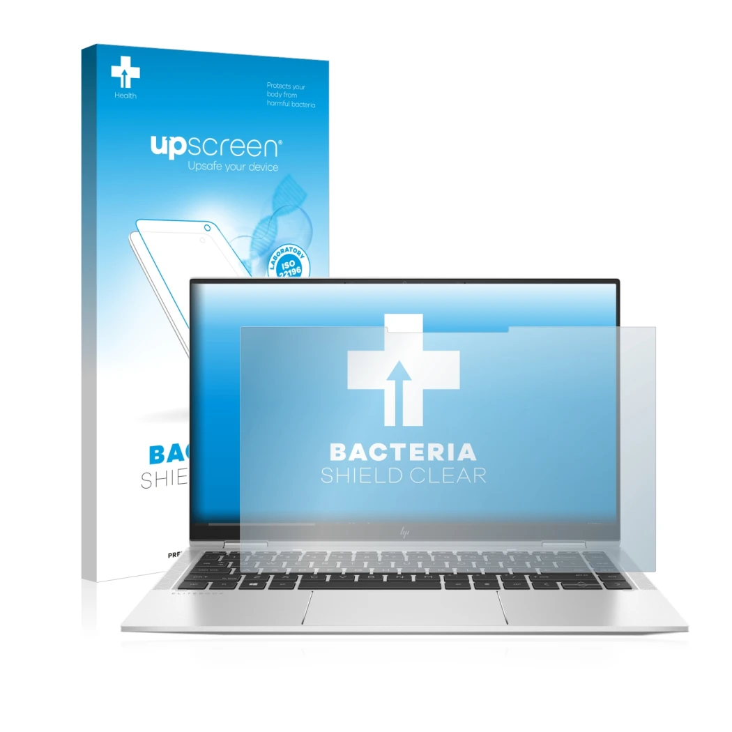 Parte frontal de un envase de producto con el logotipo de la marca upscreen. Al lado se muestra el dispositivo HP Elitebook x3