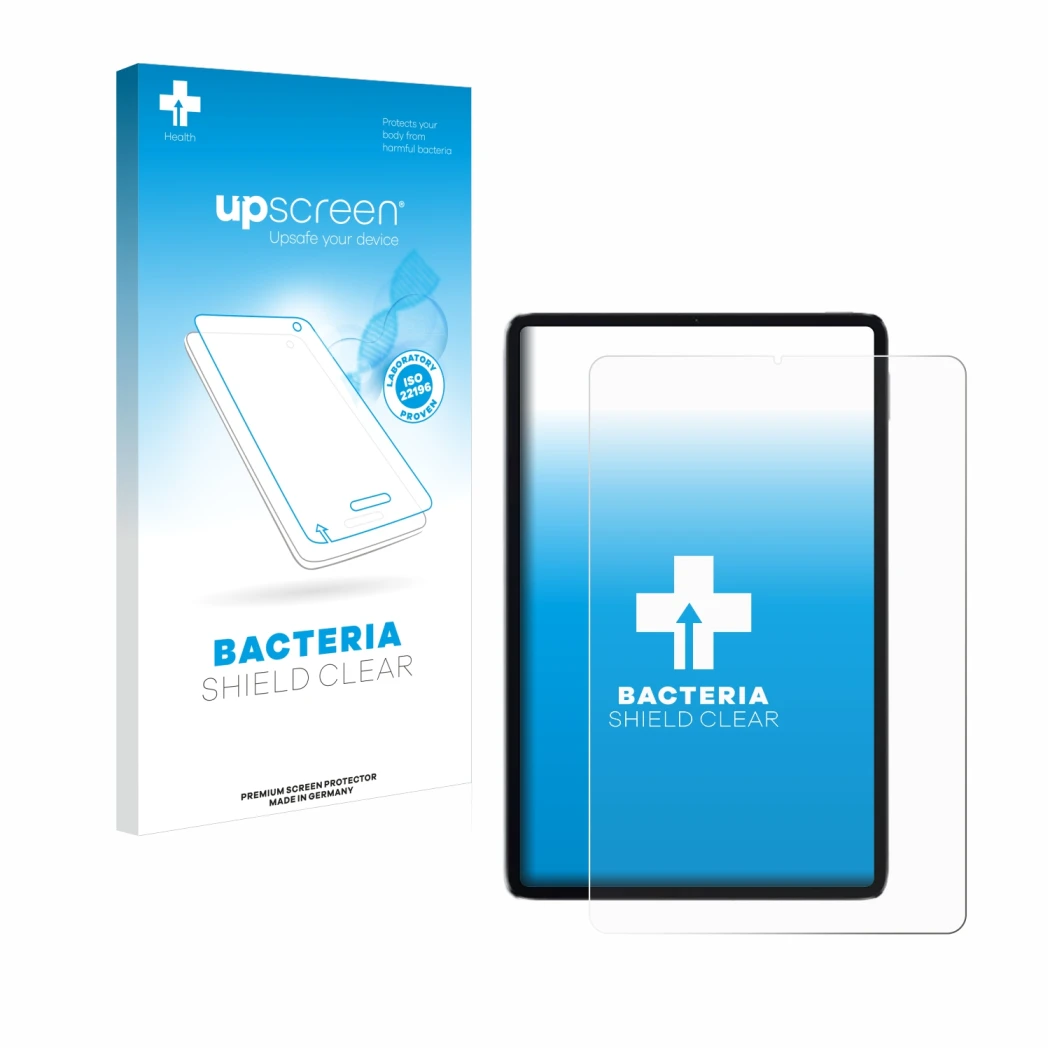 Parte frontal de un envase de producto con el logotipo de la marca upscreen. Al lado se muestra el dispositivo Xiaomi Mi Pad 5