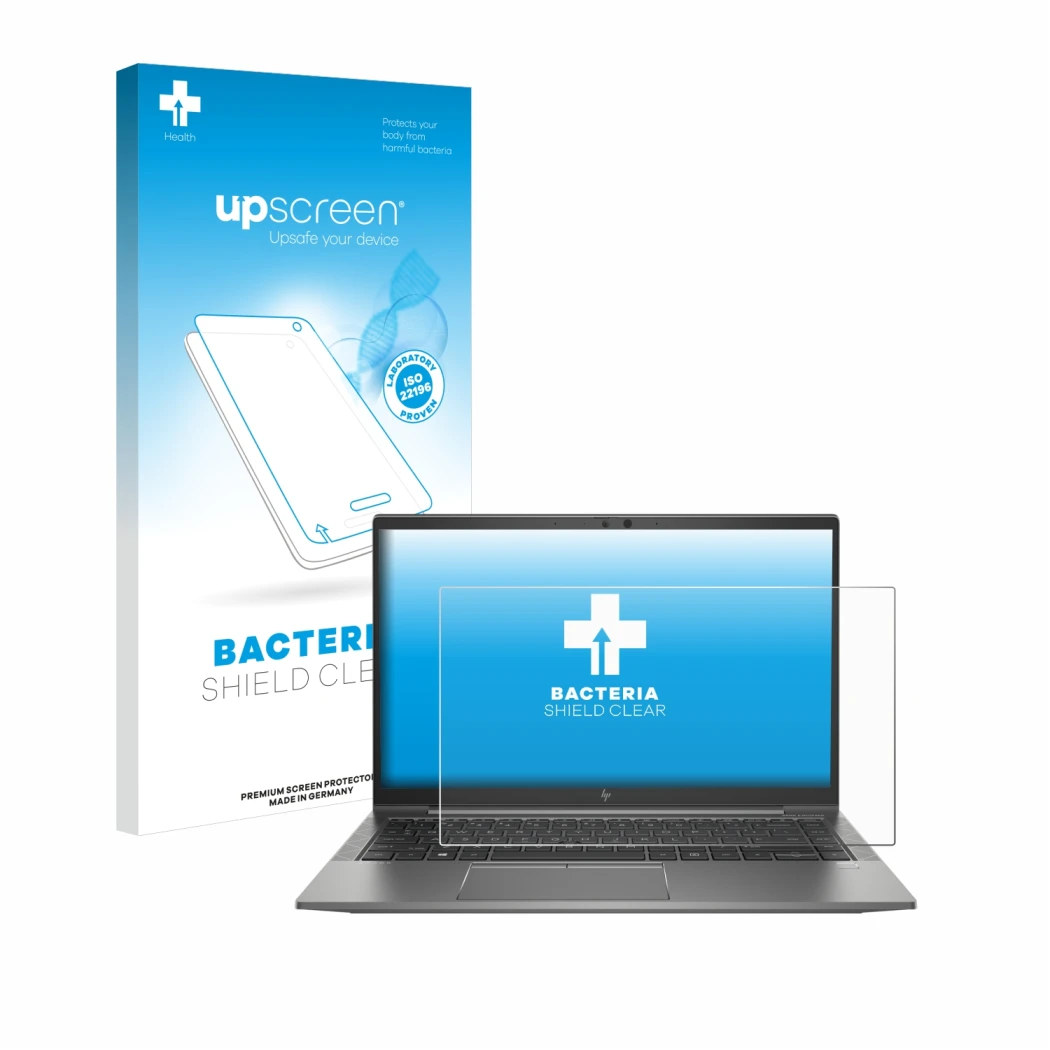 Parte frontal de un envase de producto con el logotipo de la marca upscreen. Al lado se muestra el dispositivo HP ZBook Firefl