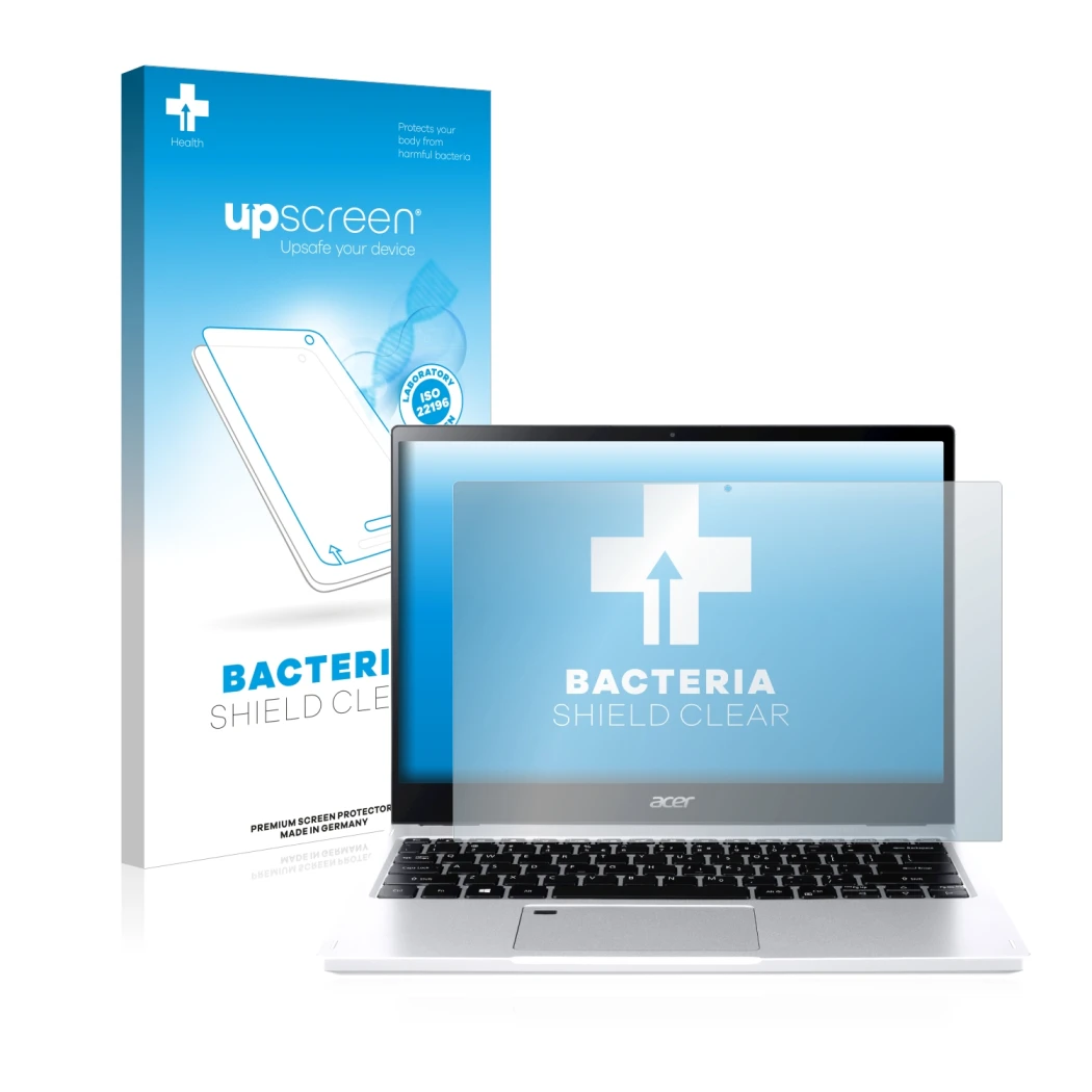 Parte frontal de un envase de producto con el logotipo de la marca upscreen. Al lado se muestra el dispositivo Acer Spin 3 SP3