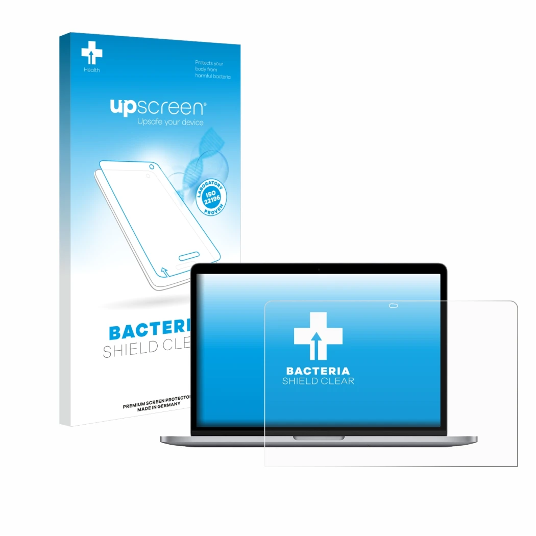 Parte frontal de un envase de producto con el logotipo de la marca upscreen. Al lado se muestra el dispositivo Apple MacBook P