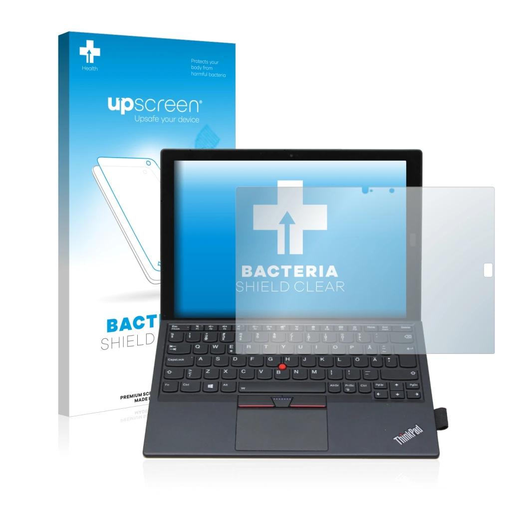 Parte frontal de un envase de producto con el logotipo de la marca upscreen. Al lado se muestra el dispositivo Lenovo ThinkPad