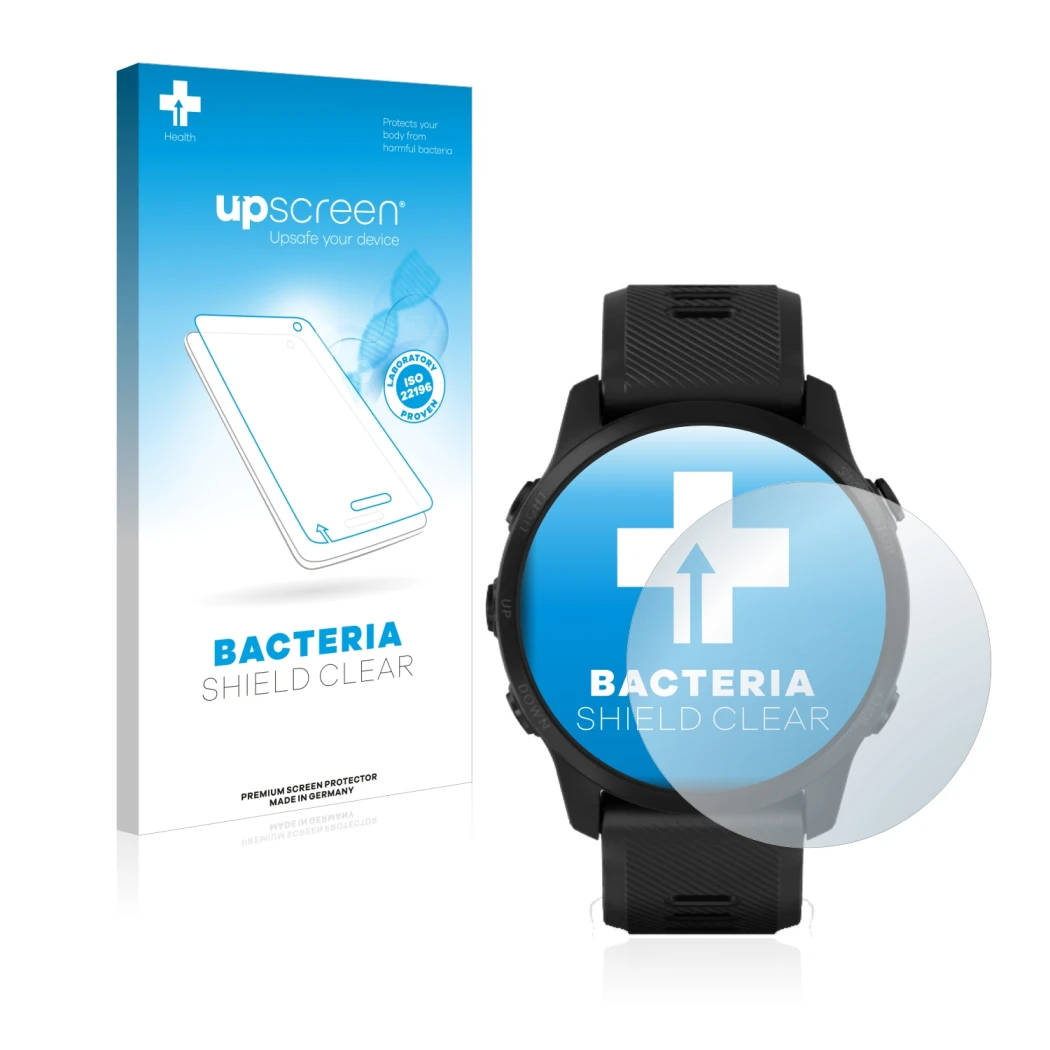 Parte frontal de un envase de producto con el logotipo de la marca upscreen. Al lado se muestra el dispositivo Garmin Forerunn