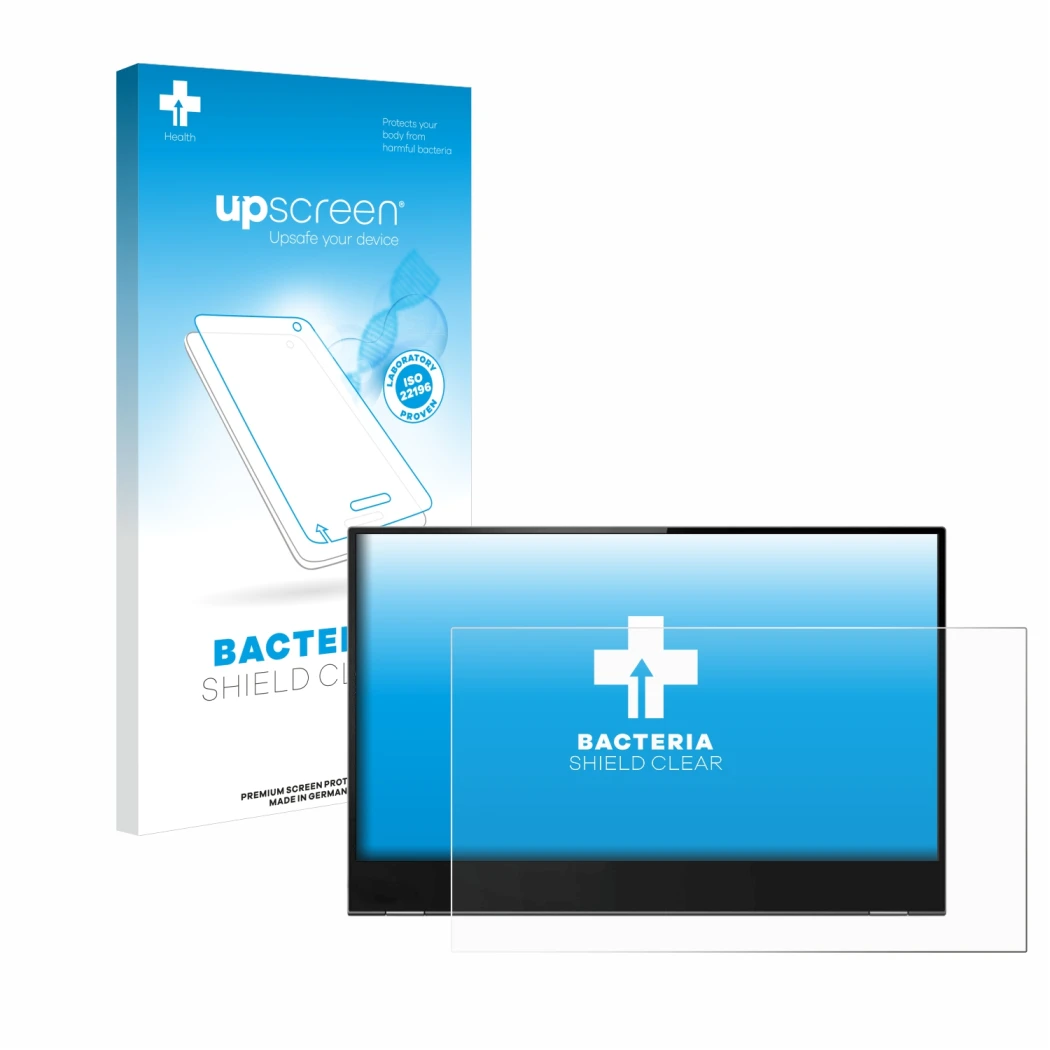 Parte frontal de un envase de producto con el logotipo de la marca upscreen. Al lado se muestra el dispositivo Lenovo ThinkVis