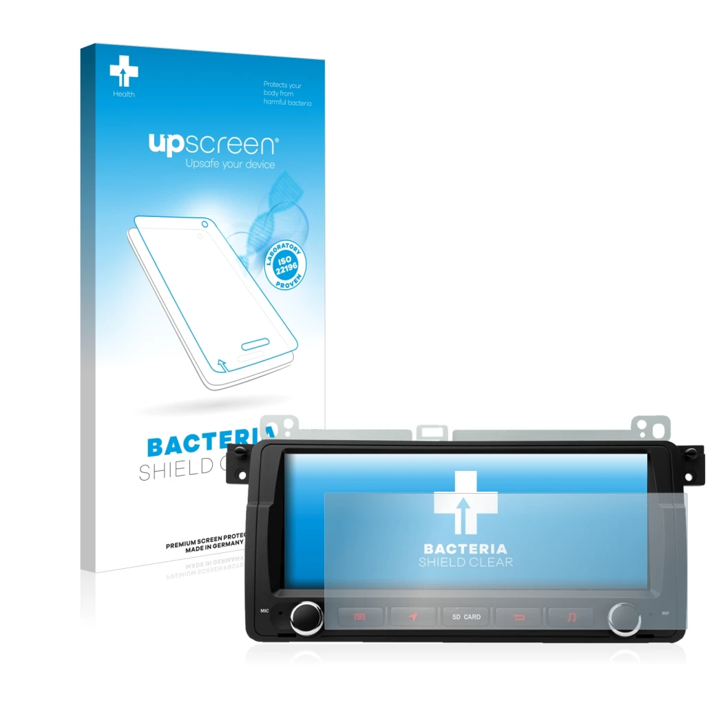 Parte frontal de un envase de producto con el logotipo de la marca upscreen. Al lado se muestra el dispositivo Xtrons PQ8046BL