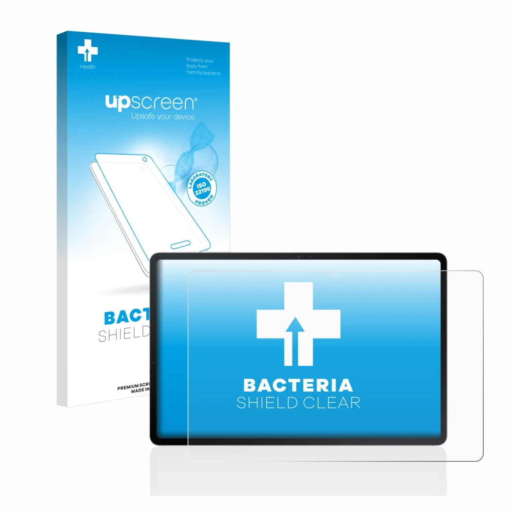 Parte frontal de un envase de producto con el logotipo de la marca upscreen. Al lado se muestra el dispositivo Samsung Galaxy