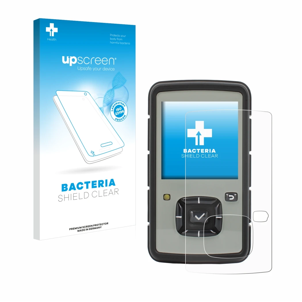 Parte frontal de un envase de producto con el logotipo de la marca upscreen. Al lado se muestra el dispositivo TPL Birdy Slim