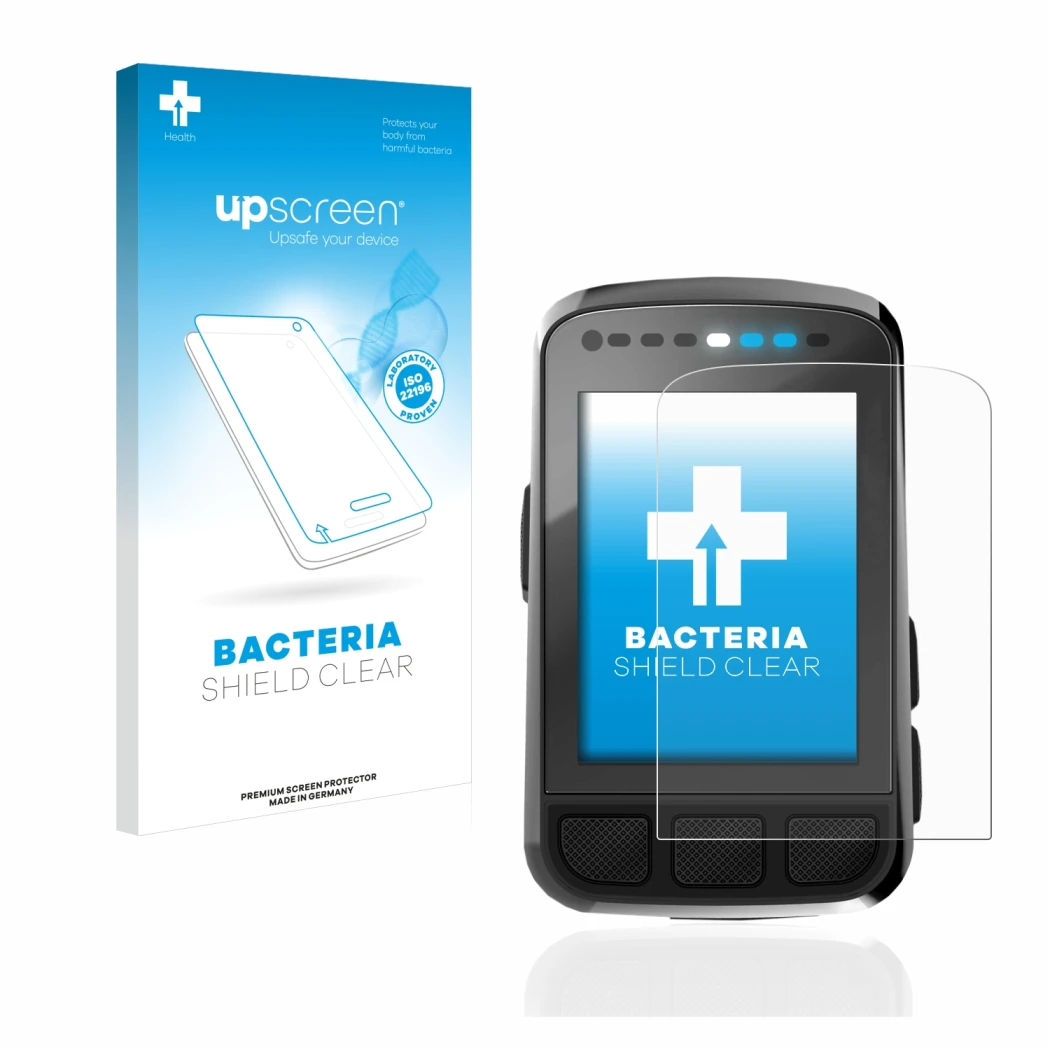 Parte frontal de un envase de producto con el logotipo de la marca upscreen. Al lado se muestra el dispositivo Wahoo Elemnt Bo