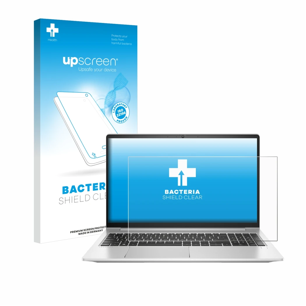 Parte frontal de un envase de producto con el logotipo de la marca upscreen. Al lado se muestra el dispositivo HP ProBook 450 
