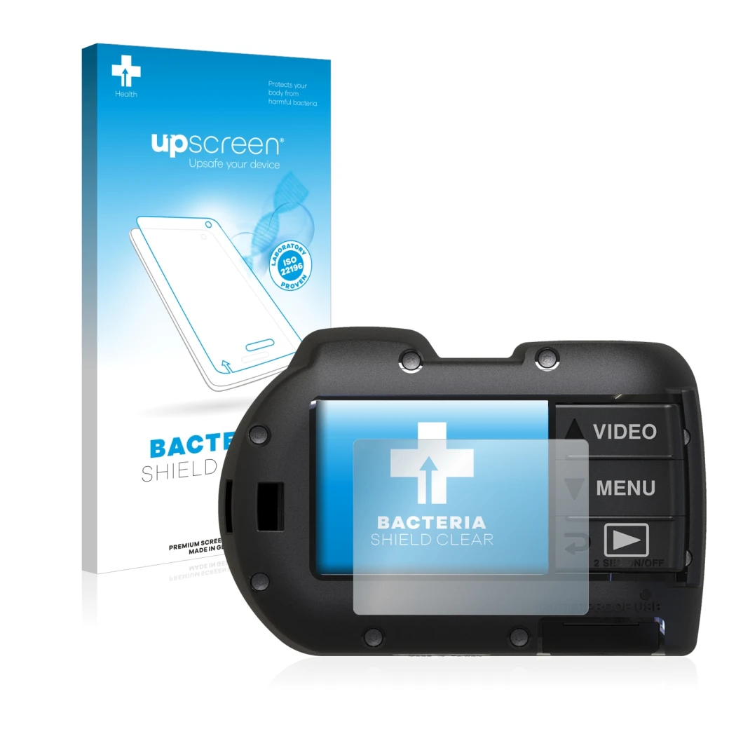 Parte frontal de un envase de producto con el logotipo de la marca upscreen. Al lado se muestra el dispositivo SeaLife Micro 3