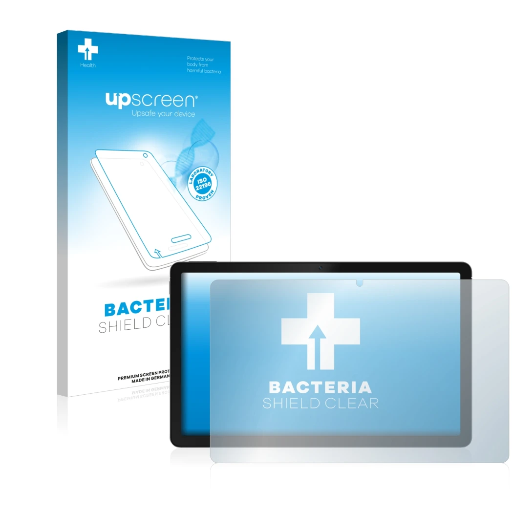 Parte frontal de un envase de producto con el logotipo de la marca upscreen. Al lado se muestra el dispositivo realme Pad con
