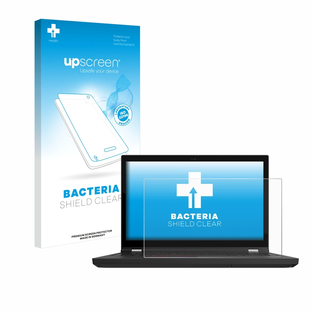 Parte frontal de un envase de producto con el logotipo de la marca upscreen. Al lado se muestra el dispositivo Lenovo ThinkPad