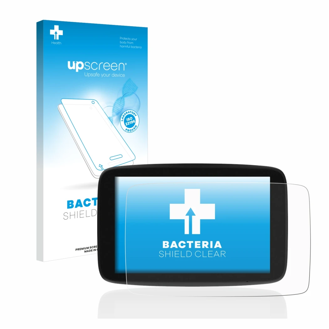 Parte frontal de un envase de producto con el logotipo de la marca upscreen. Al lado se muestra el dispositivo TomTom Go Exper