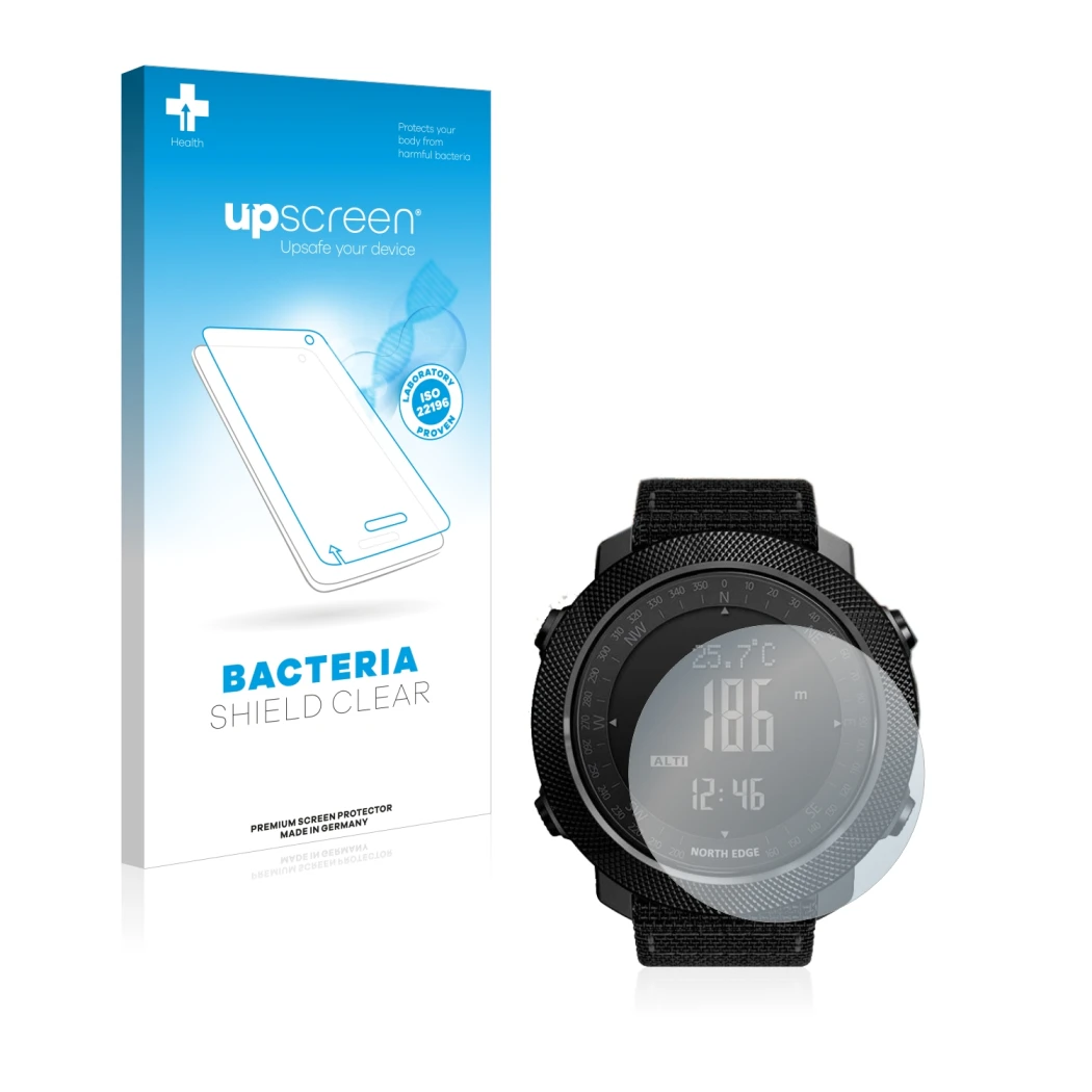 Parte frontal de un envase de producto con el logotipo de la marca upscreen. Al lado se muestra el dispositivo Explopur North