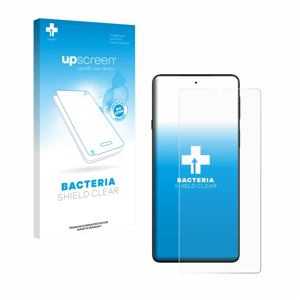 Parte frontal de un envase de producto con el logotipo de la marca upscreen. Al lado se muestra el dispositivo Motorola Edge 2