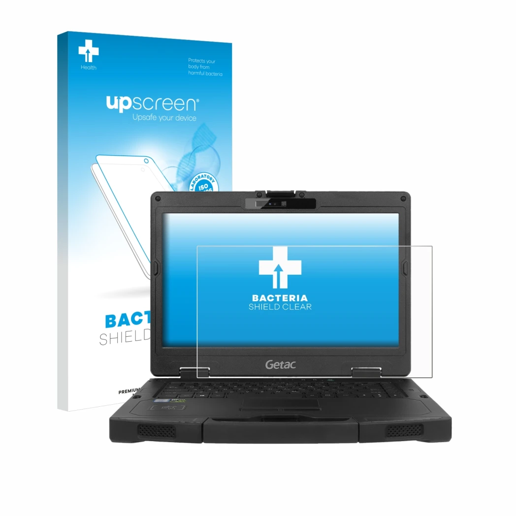 Parte frontal de un envase de producto con el logotipo de la marca upscreen. Al lado se muestra el dispositivo Getac S410 con 