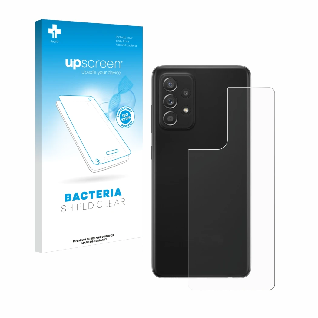 Parte frontal de un envase de producto con el logotipo de la marca upscreen. Al lado se muestra el dispositivo Samsung Galaxy 