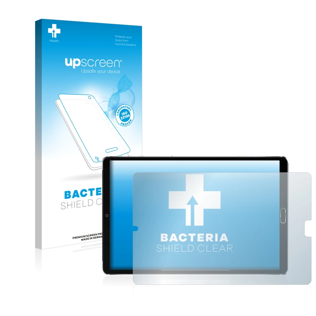 Parte frontal de un envase de producto con el logotipo de la marca upscreen. Al lado se muestra el dispositivo Goodtel G2 con