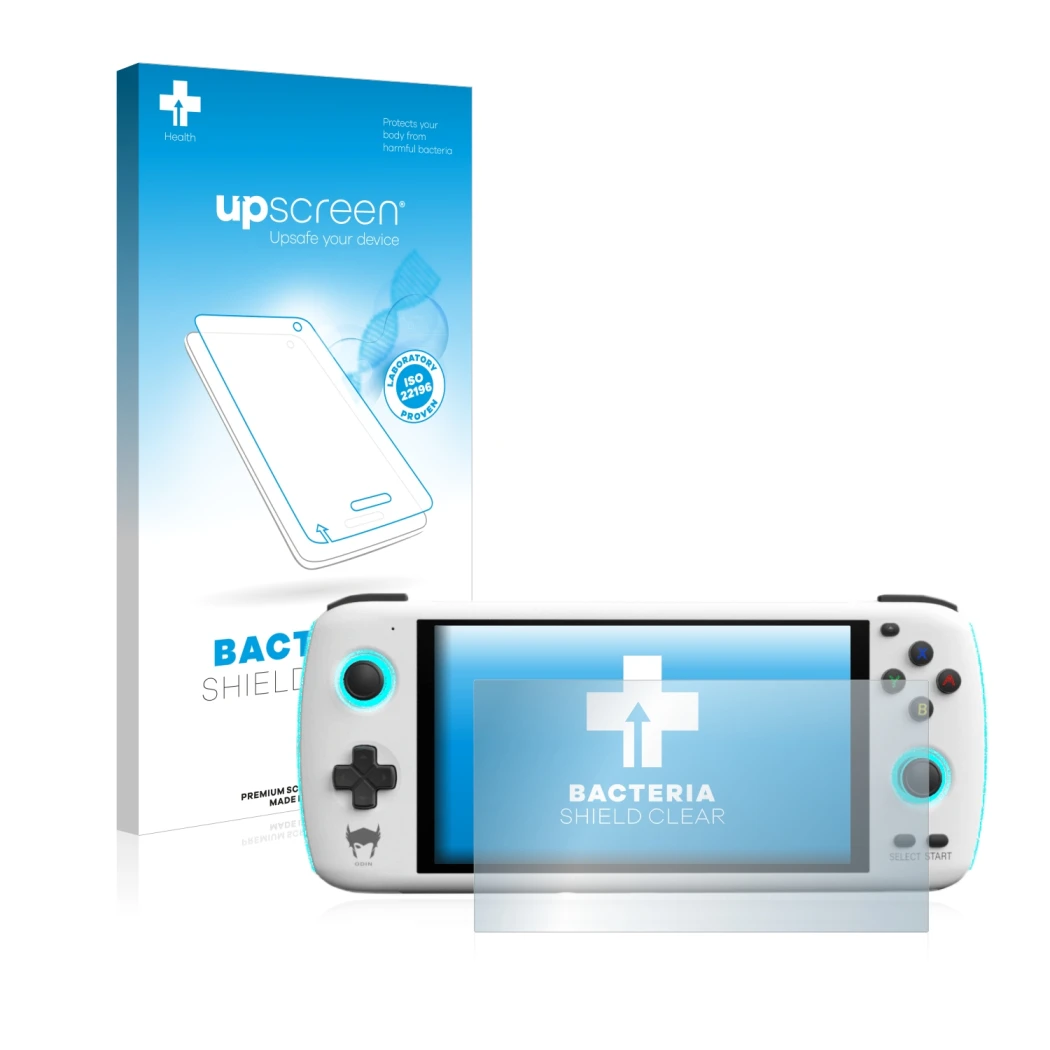Parte frontal de un envase de producto con el logotipo de la marca upscreen. Al lado se muestra el dispositivo AYN Odin con su