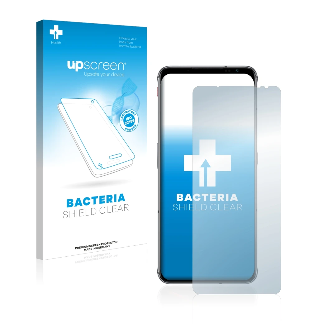 Parte frontal de un envase de producto con el logotipo de la marca upscreen. Al lado se muestra el dispositivo ZTE Nubia Red M