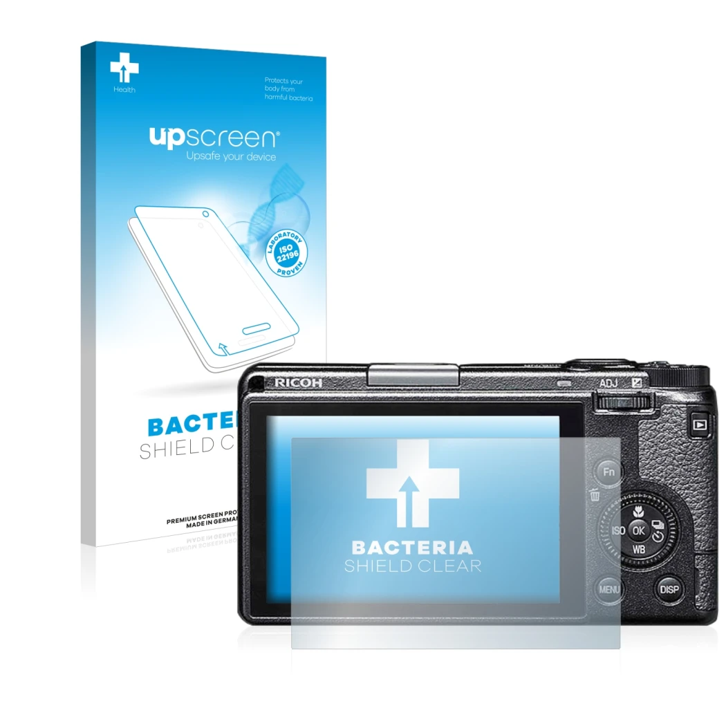Parte frontal de un envase de producto con el logotipo de la marca upscreen. Al lado se muestra el dispositivo Ricoh GR IIIx c