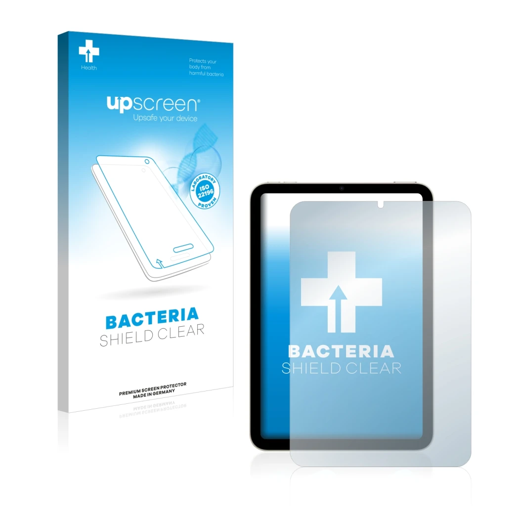 Parte frontal de un envase de producto con el logotipo de la marca upscreen. Al lado se muestra el dispositivo Apple iPad Mini