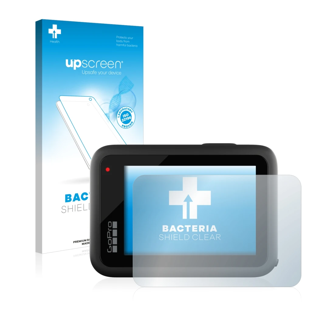 Parte frontal de un envase de producto con el logotipo de la marca upscreen. Al lado se muestra el dispositivo GoPro Hero 10 B