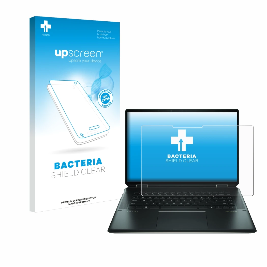 Parte frontal de un envase de producto con el logotipo de la marca upscreen. Al lado se muestra el dispositivo HP Spectre x360