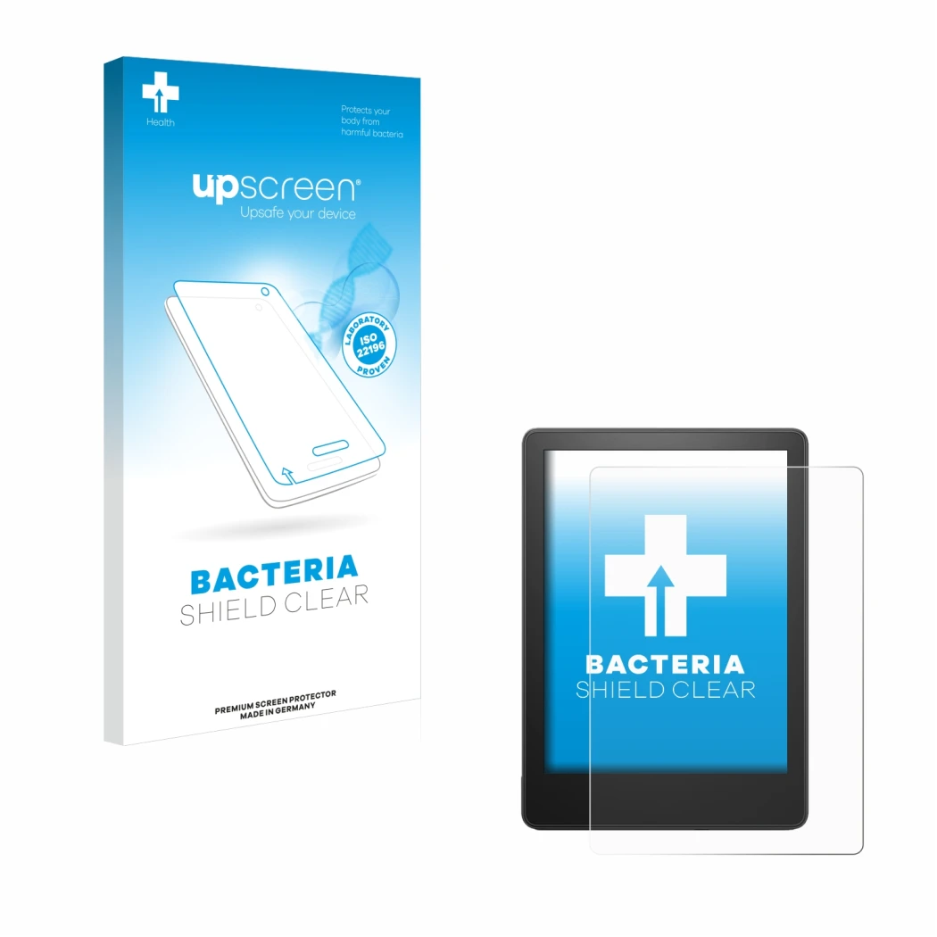 Parte frontal de un envase de producto con el logotipo de la marca upscreen. Al lado se muestra el dispositivo Amazon Kindle P
