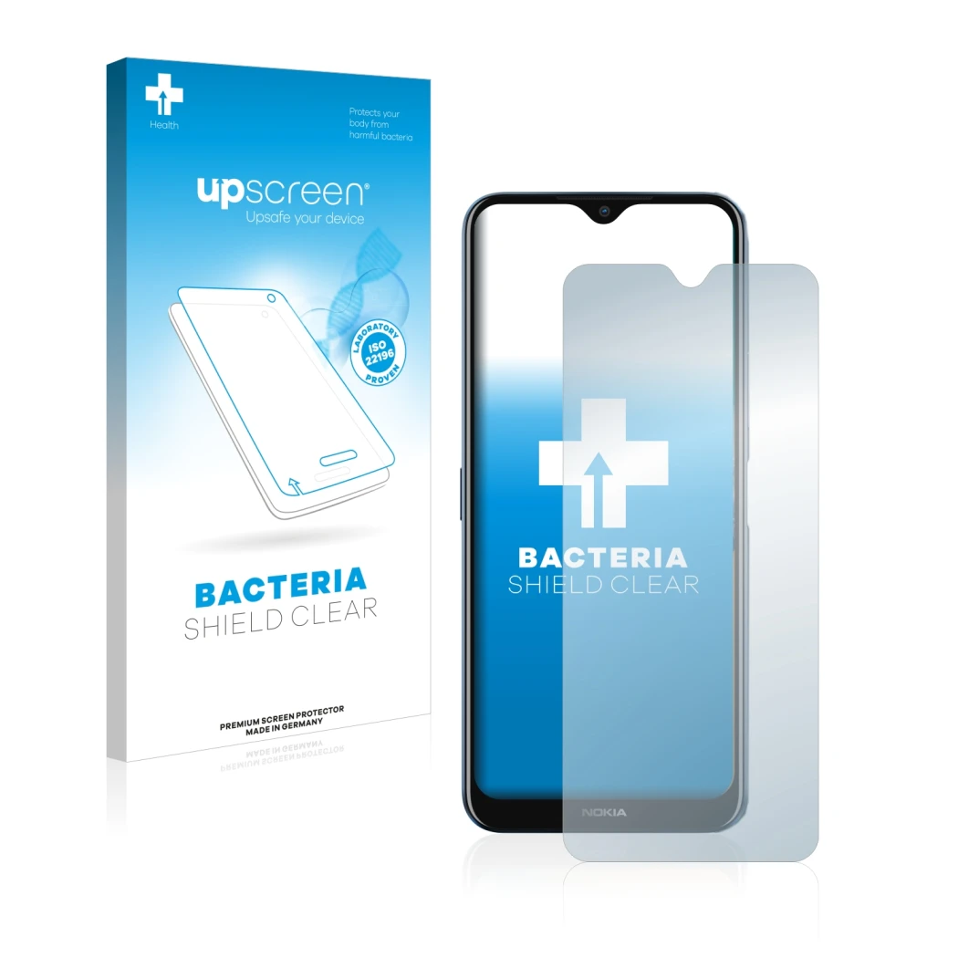 Parte frontal de un envase de producto con el logotipo de la marca upscreen. Al lado se muestra el dispositivo Nokia G50 con s