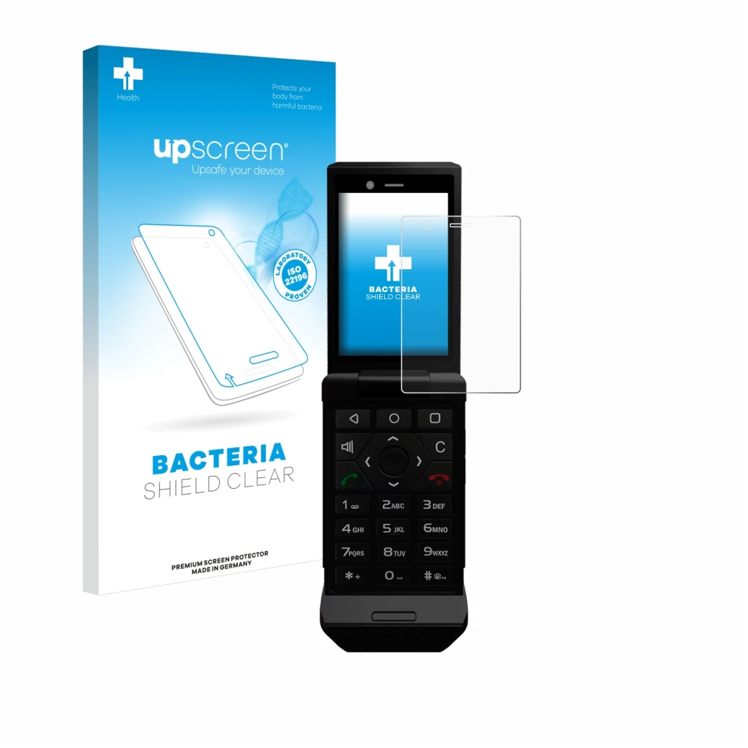 Parte frontal de un envase de producto con el logotipo de la marca upscreen. Al lado se muestra el dispositivo Caterpillar Cat