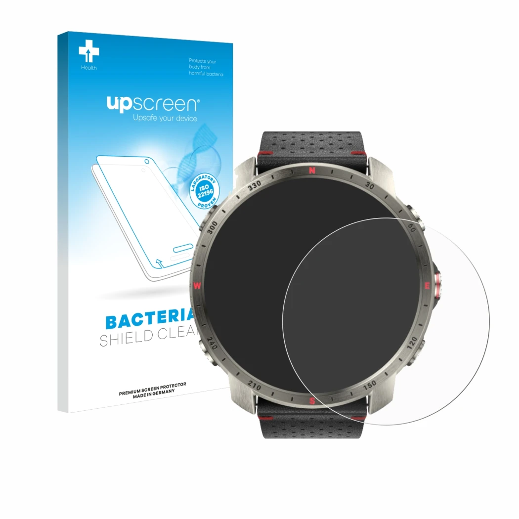 Parte frontal de un envase de producto con el logotipo de la marca upscreen. Al lado se muestra el dispositivo Polar Grit X Pr