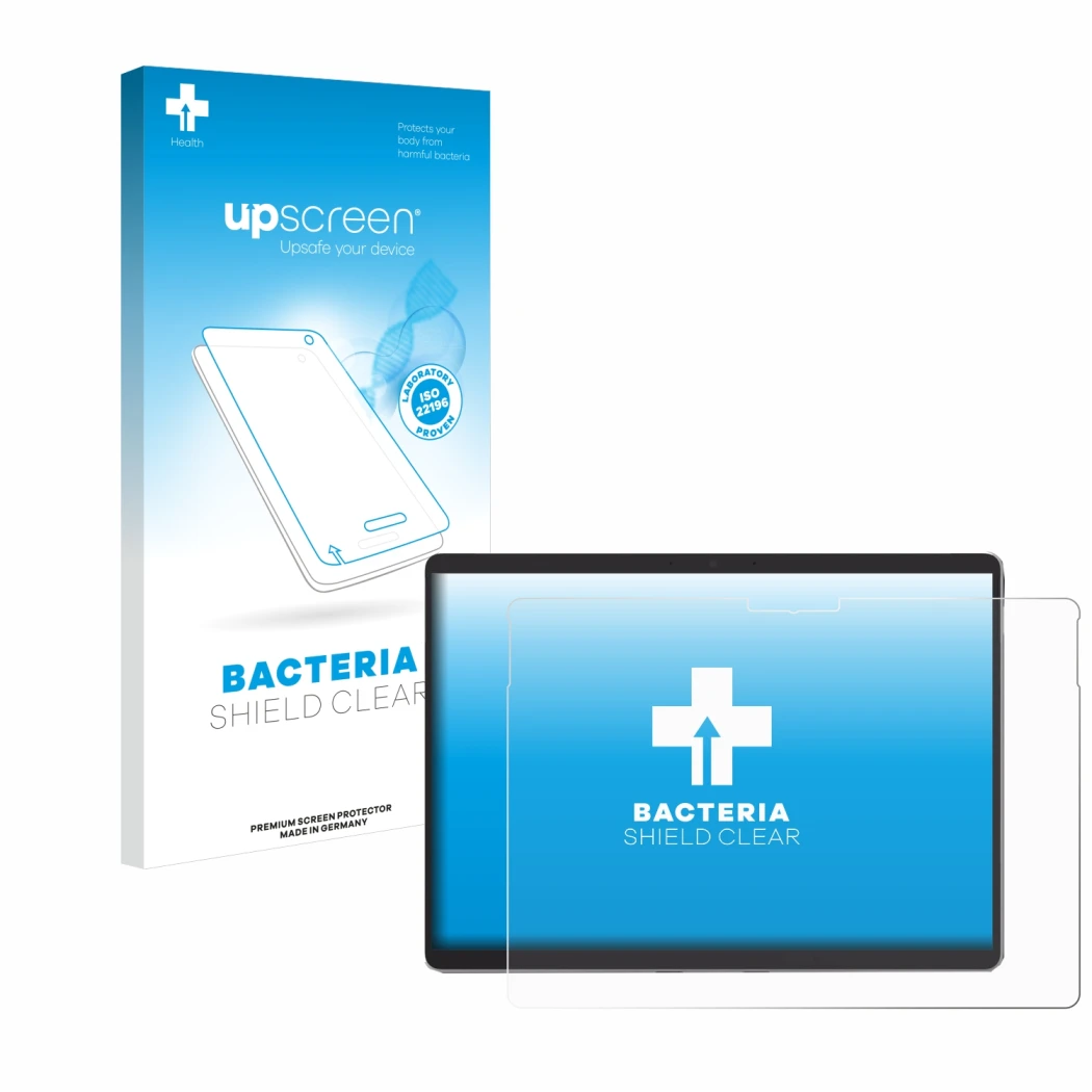 Parte frontal de un envase de producto con el logotipo de la marca upscreen. Al lado se muestra el dispositivo Microsoft Surfa