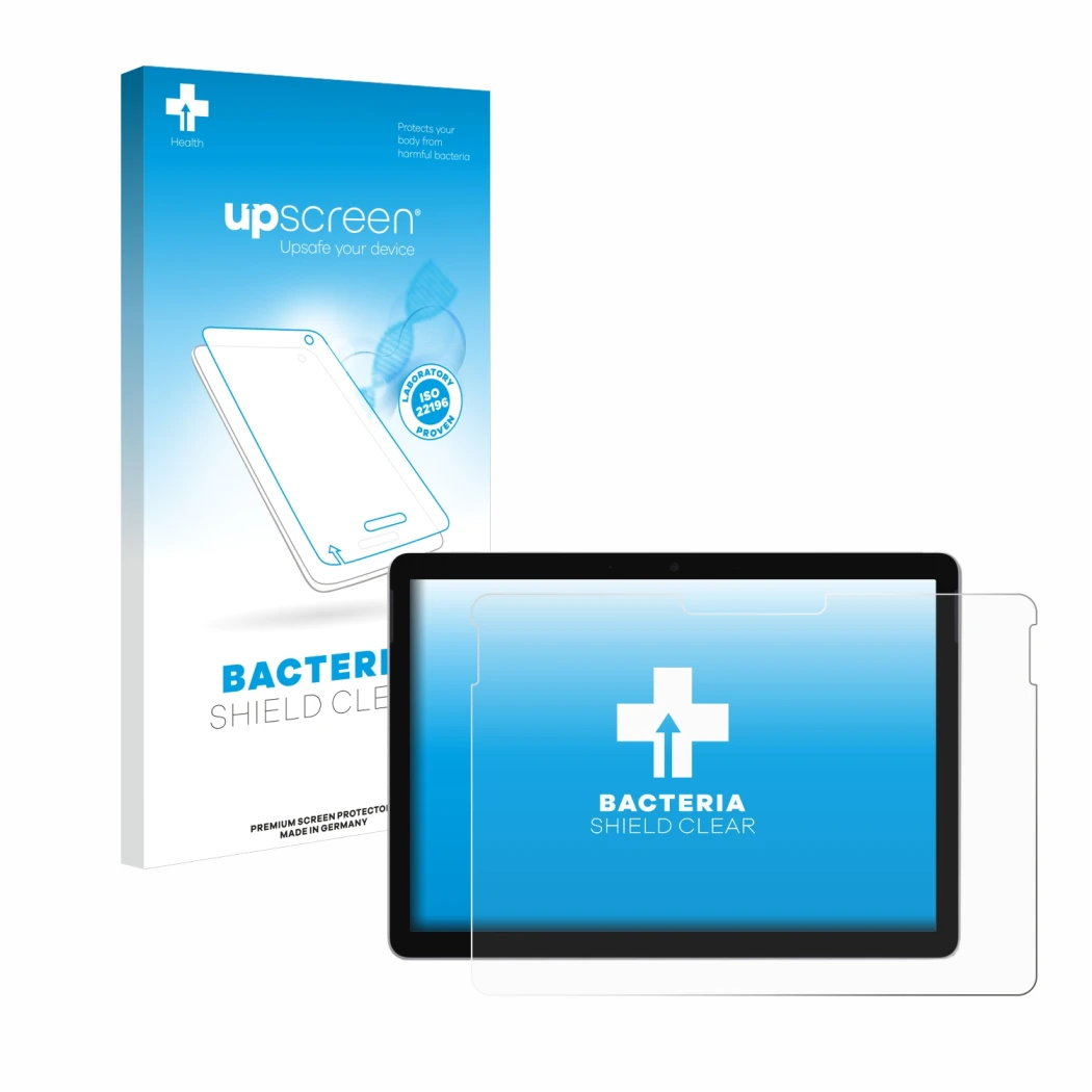 Parte frontal de un envase de producto con el logotipo de la marca upscreen. Al lado se muestra el dispositivo Microsoft Surfa