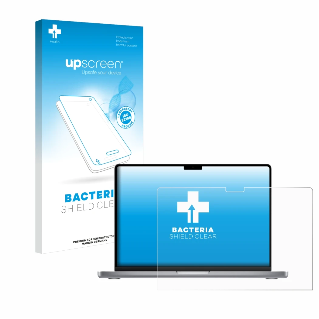 Parte frontal de un envase de producto con el logotipo de la marca upscreen. Al lado se muestra el dispositivo Apple MacBook P