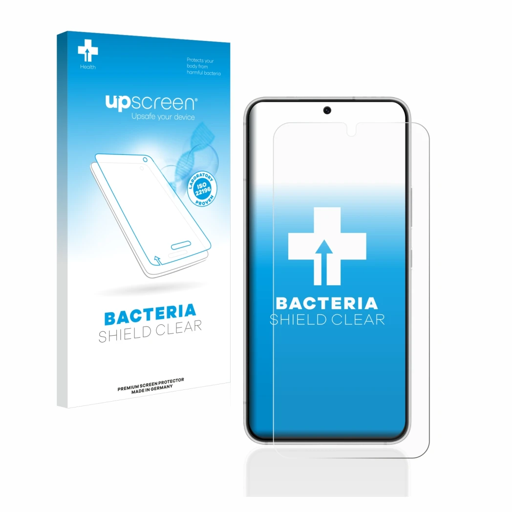 Parte frontal de un envase de producto con el logotipo de la marca upscreen. Al lado se muestra el dispositivo Samsung Galaxy