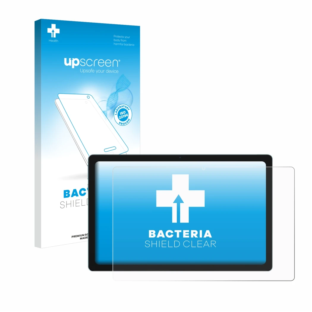 Parte frontal de un envase de producto con el logotipo de la marca upscreen. Al lado se muestra el dispositivo Blackview Tab 1