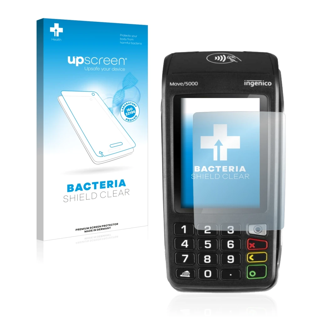 Parte frontal de un envase de producto con el logotipo de la marca upscreen. Al lado se muestra el dispositivo ingenico Move 5