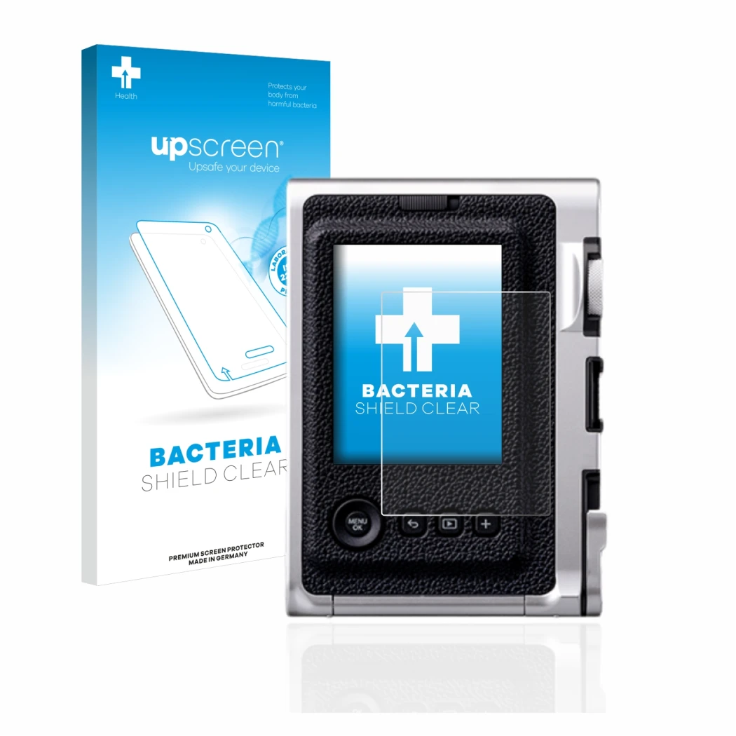 Parte frontal de un envase de producto con el logotipo de la marca upscreen. Al lado se muestra el dispositivo Fujifilm Instax