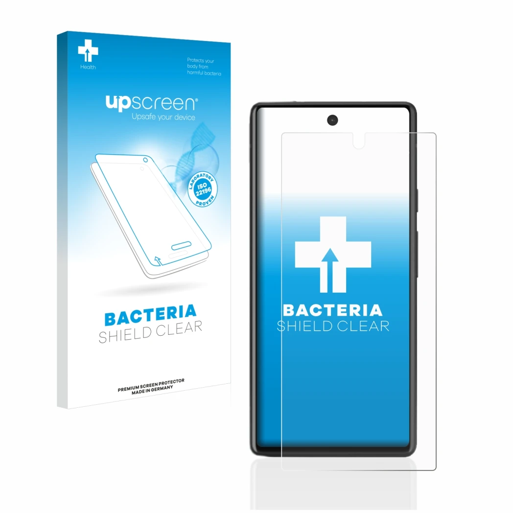 Parte frontal de un envase de producto con el logotipo de la marca upscreen. Al lado se muestra el dispositivo Google Pixel 6a