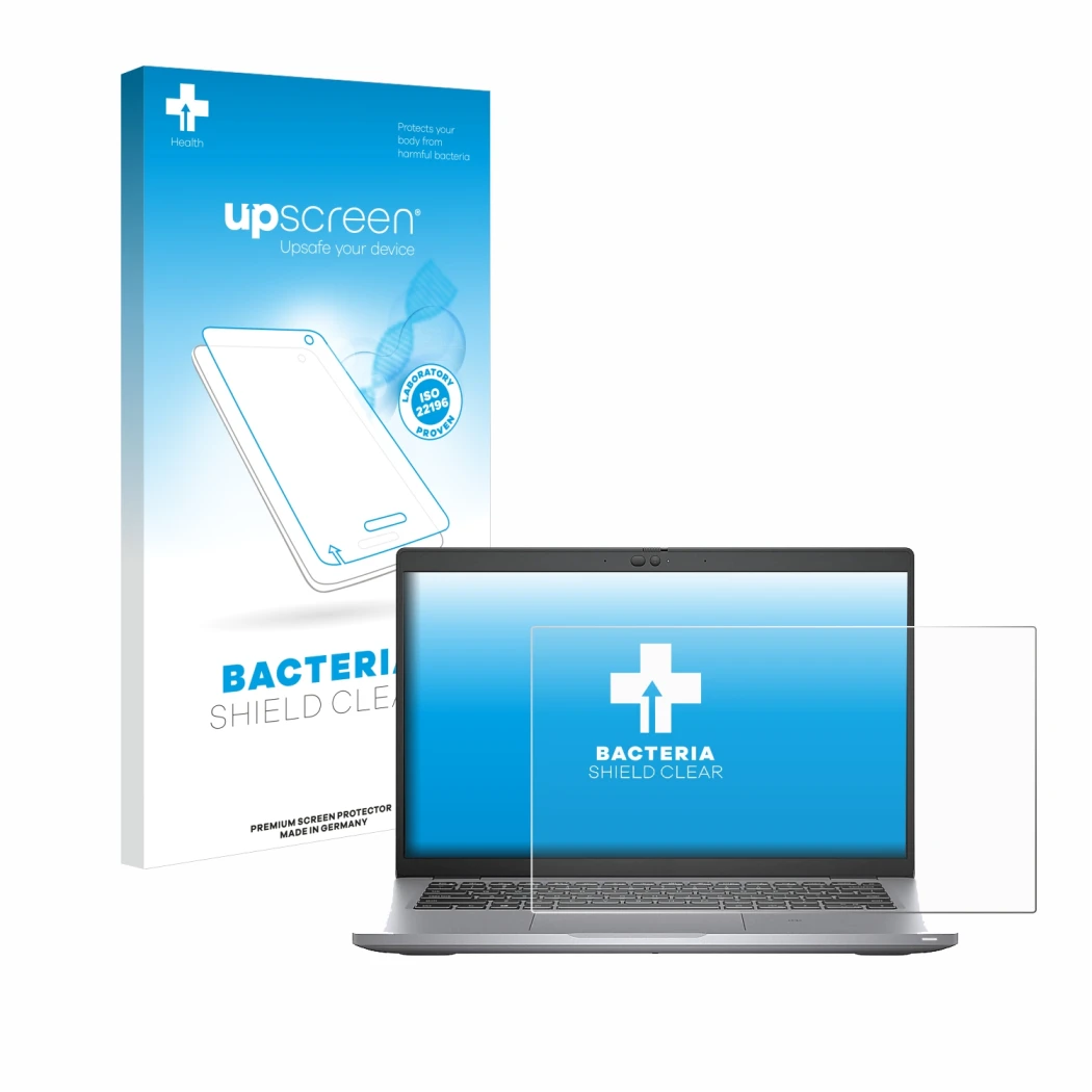 Parte frontal de un envase de producto con el logotipo de la marca upscreen. Al lado se muestra el dispositivo Dell Latitude 5