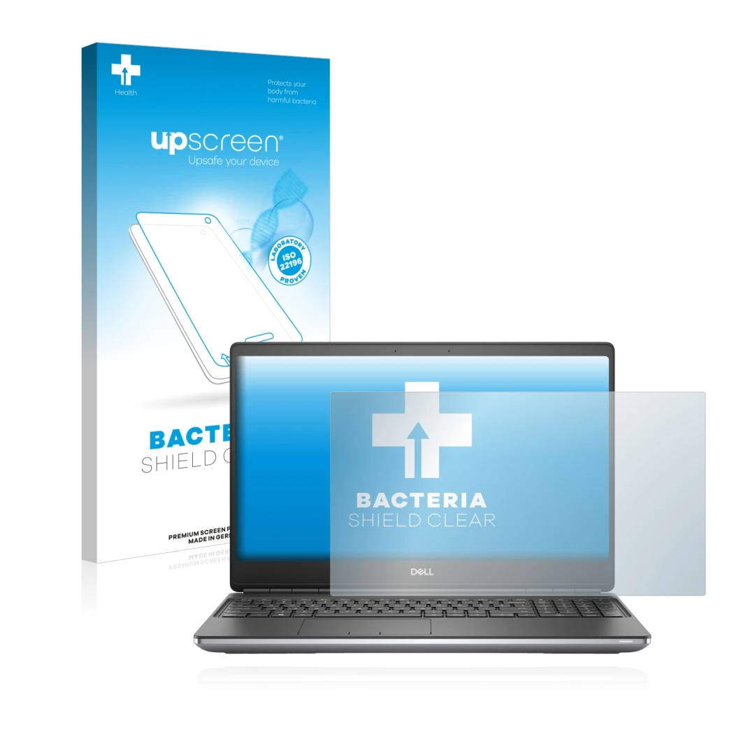 Parte frontal de un envase de producto con el logotipo de la marca upscreen. Al lado se muestra el dispositivo Dell Precision