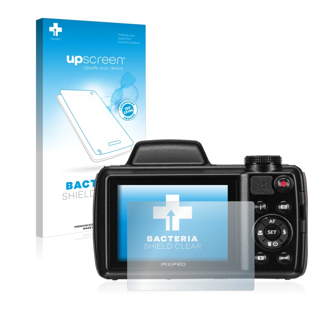 Parte frontal de un envase de producto con el logotipo de la marca upscreen. Al lado se muestra el dispositivo Kodak Pixpro AZ