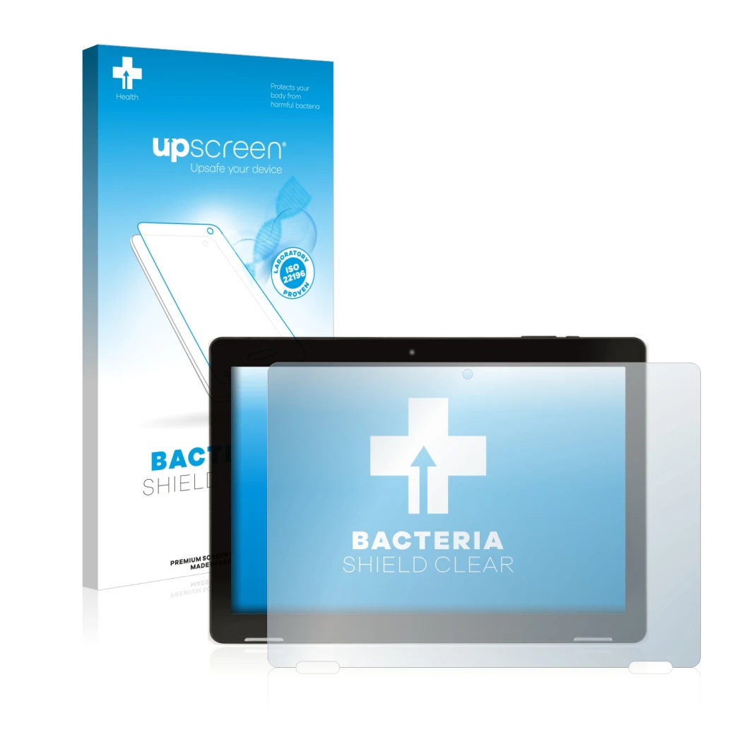 Parte frontal de un envase de producto con el logotipo de la marca upscreen. Al lado se muestra el dispositivo Hannspree Pad A