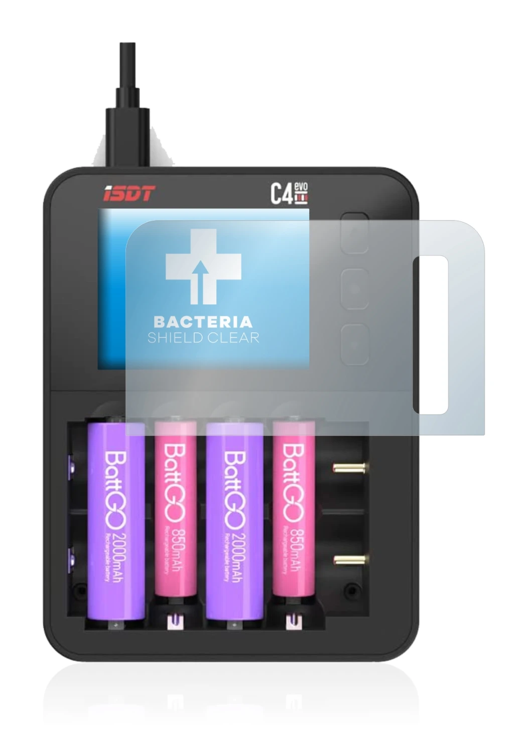 Imagen del dispositivo ISDT C4 Evo con una amplia variedad de protectores de pantalla.